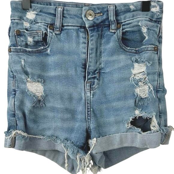 American Eagle Outfitters Pants - AE Women Super Stretch Distressed Mid Rise Denim Jean Short Shorts Blue Size 00